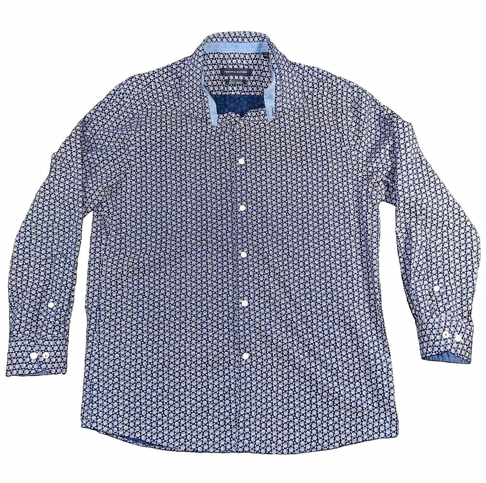 Tommy Hilfiger THFlex Supima Mens L Blue Floral Slim Stretch Shirt 16-16.5 32/33